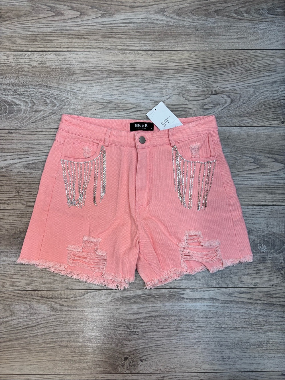 Blue B Pink Rhinestone Fringe Distressed Denim Shorts Size M NWT
